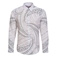 White Sunday Lotu Tamaiti Family Matching Off The Shoulder Long Sleeve Dress and Hawaiian Shirt Polynesian Wave Pastel Gray - Polynesian Pride