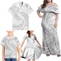 White Sunday Lotu Tamaiti Family Matching Off Shoulder Maxi Dress and Hawaiian Shirt Polynesian Wave Pastel Gray - Polynesian Pride