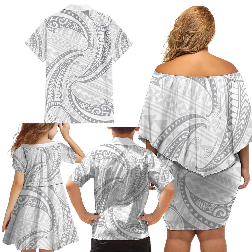White Sunday Lotu Tamaiti Family Matching Off Shoulder Short Dress and Hawaiian Shirt Polynesian Wave Pastel Gray - Polynesian Pride
