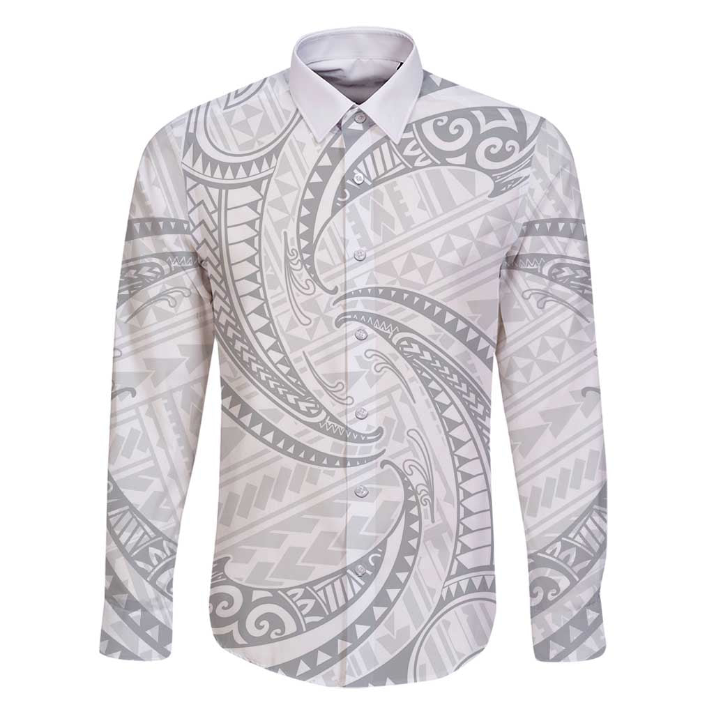 White Sunday Lotu Tamaiti Family Matching Off Shoulder Short Dress and Hawaiian Shirt Polynesian Wave Pastel Gray - Polynesian Pride