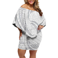 White Sunday Lotu Tamaiti Family Matching Off Shoulder Short Dress and Hawaiian Shirt Polynesian Wave Pastel Gray - Polynesian Pride
