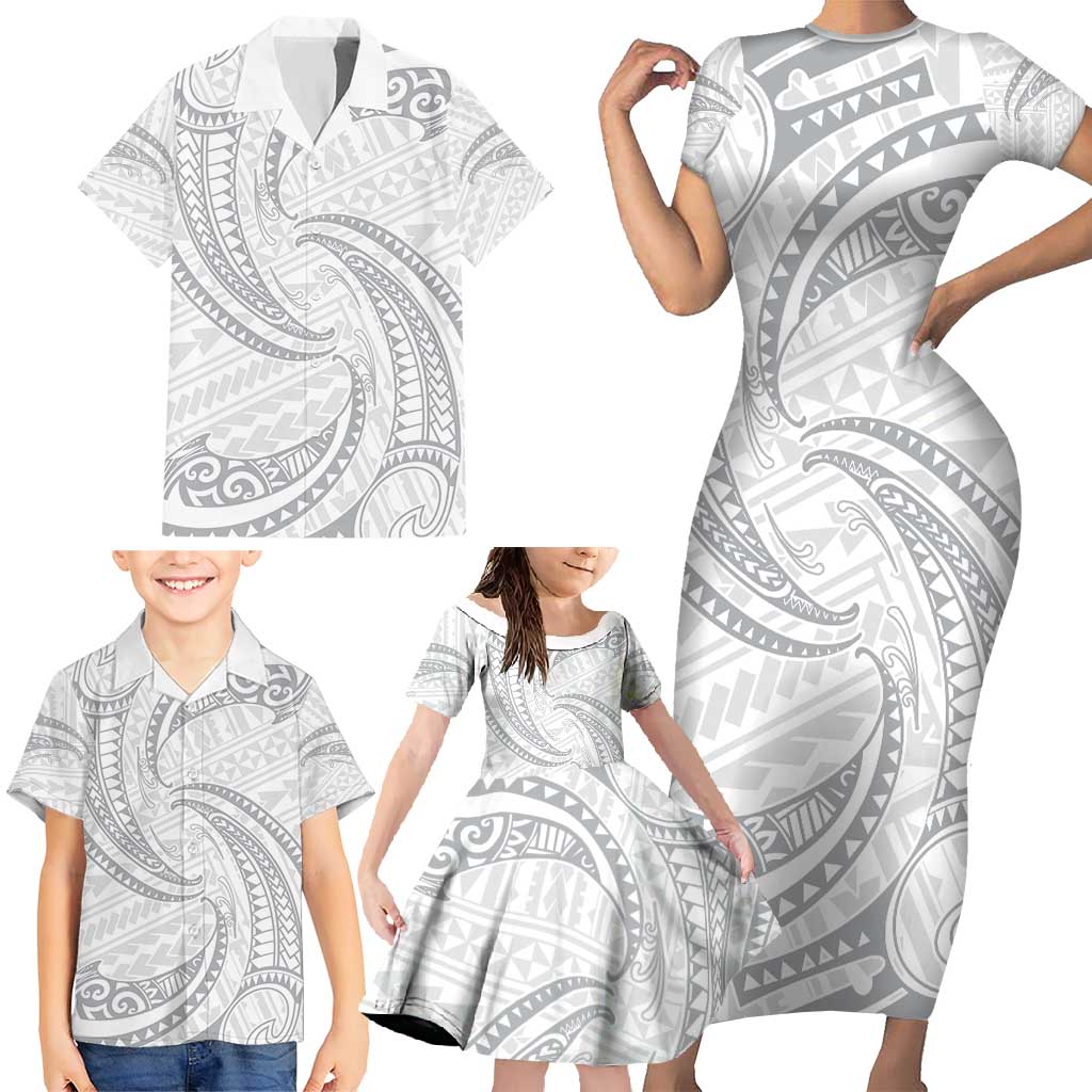 White Sunday Lotu Tamaiti Family Matching Short Sleeve Bodycon Dress and Hawaiian Shirt Polynesian Wave Pastel Gray - Polynesian Pride