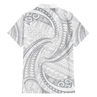 White Sunday Lotu Tamaiti Family Matching Short Sleeve Bodycon Dress and Hawaiian Shirt Polynesian Wave Pastel Gray - Polynesian Pride