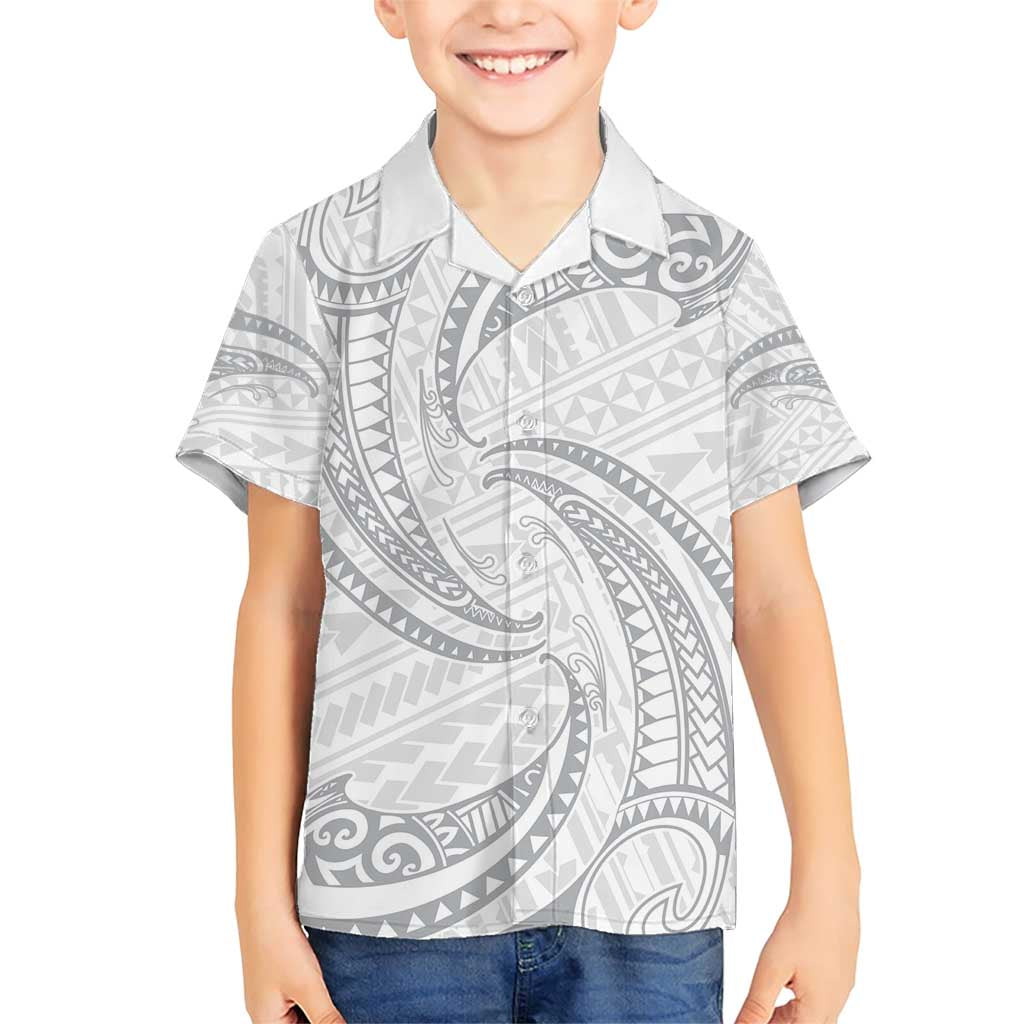 White Sunday Lotu Tamaiti Family Matching Short Sleeve Bodycon Dress and Hawaiian Shirt Polynesian Wave Pastel Gray - Polynesian Pride