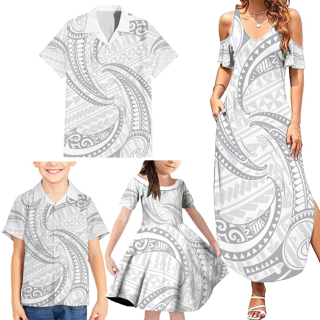 White Sunday Lotu Tamaiti Family Matching Summer Maxi Dress and Hawaiian Shirt Polynesian Wave Pastel Gray - Polynesian Pride