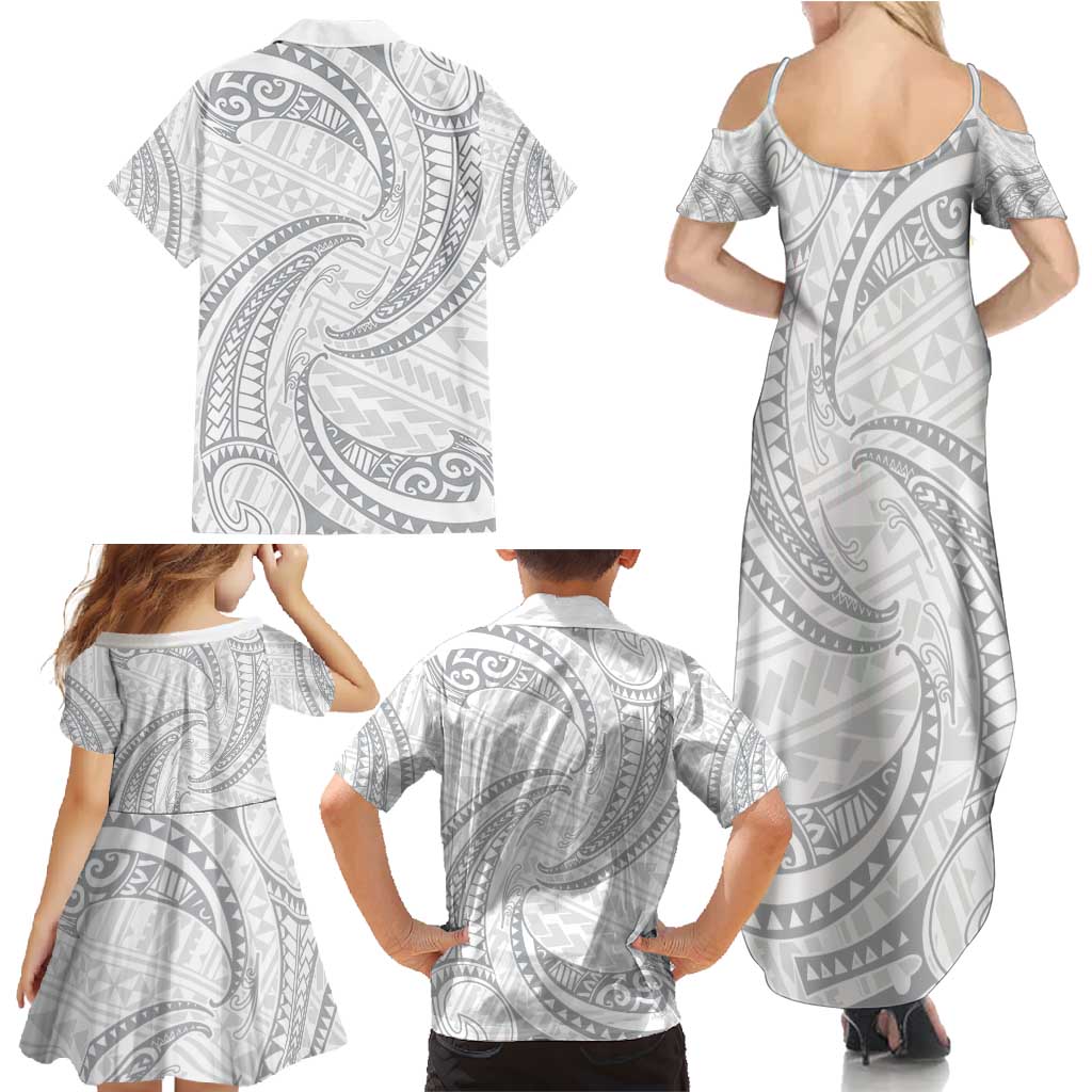 White Sunday Lotu Tamaiti Family Matching Summer Maxi Dress and Hawaiian Shirt Polynesian Wave Pastel Gray - Polynesian Pride