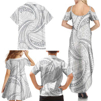 White Sunday Lotu Tamaiti Family Matching Summer Maxi Dress and Hawaiian Shirt Polynesian Wave Pastel Gray - Polynesian Pride