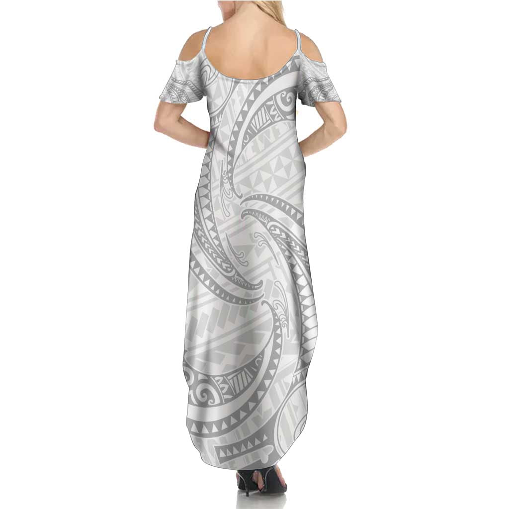 White Sunday Lotu Tamaiti Family Matching Summer Maxi Dress and Hawaiian Shirt Polynesian Wave Pastel Gray - Polynesian Pride
