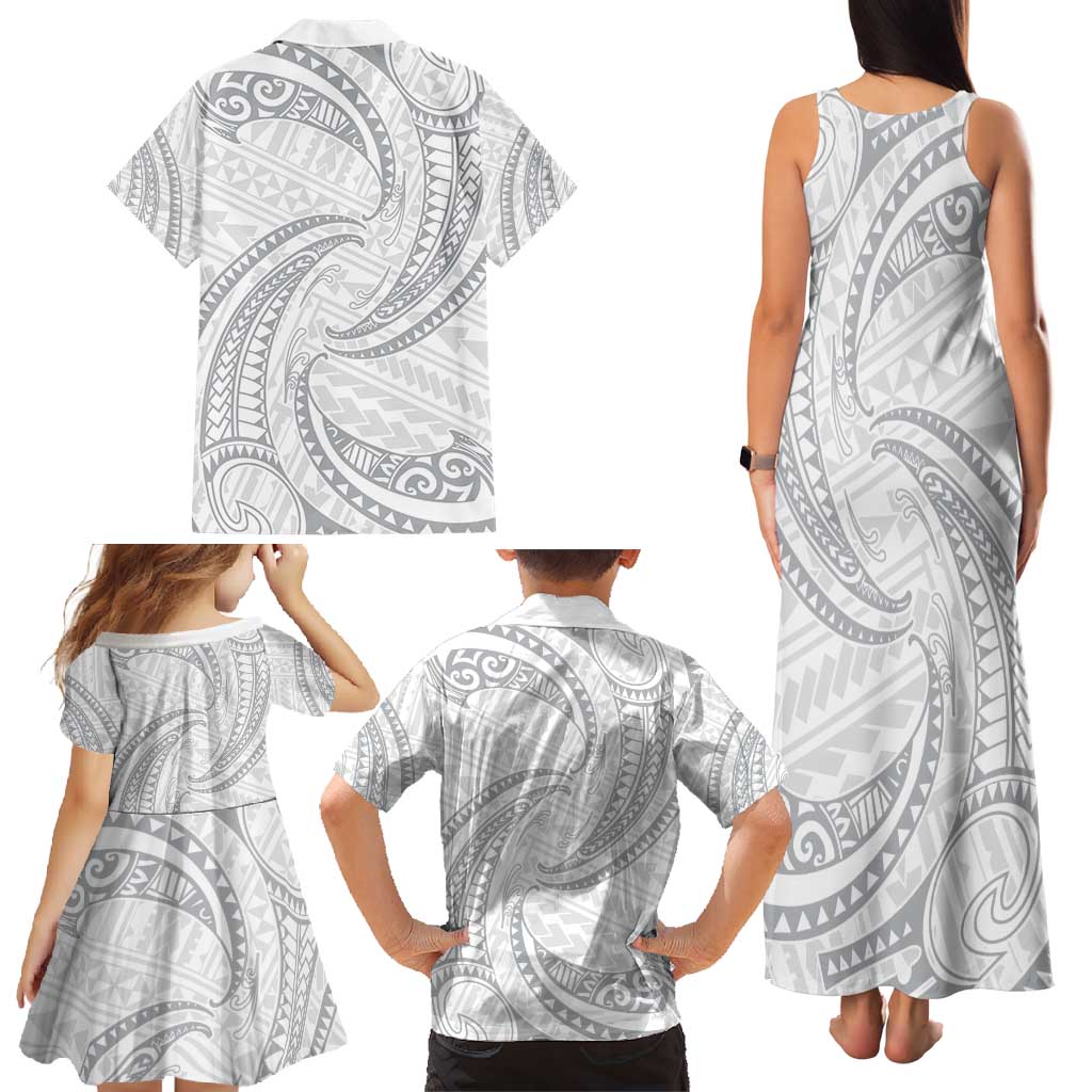 White Sunday Lotu Tamaiti Family Matching Tank Maxi Dress and Hawaiian Shirt Polynesian Wave Pastel Gray - Polynesian Pride