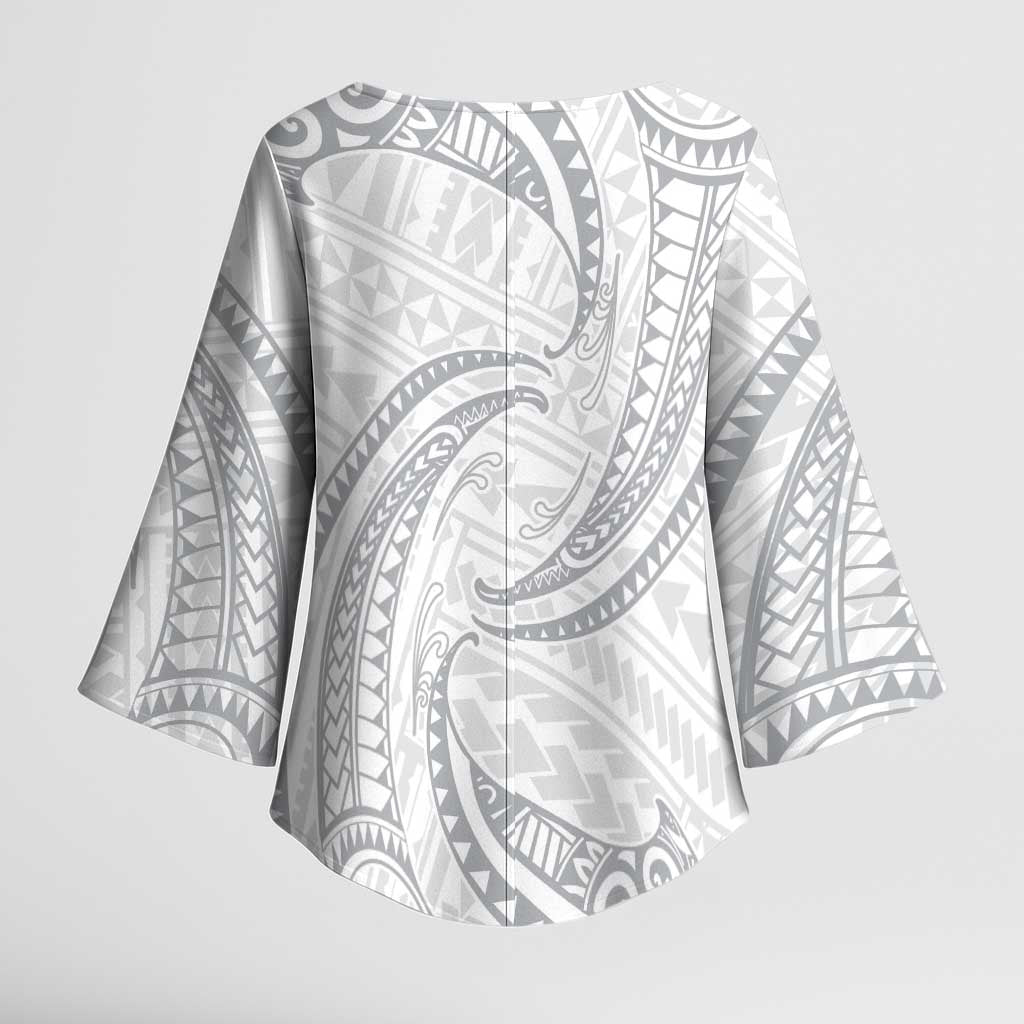 White Sunday Lotu Tamaiti Kimono Sleeve Blouse Polynesian Wave Pastel Gray - Polynesian Pride
