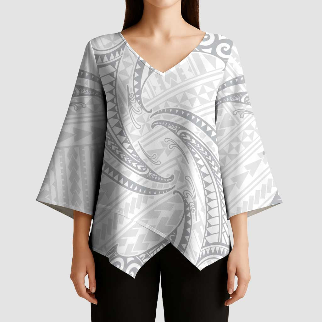 White Sunday Lotu Tamaiti Kimono Sleeve Blouse Polynesian Wave Pastel Gray - Polynesian Pride