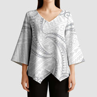 White Sunday Lotu Tamaiti Kimono Sleeve Blouse Polynesian Wave Pastel Gray - Polynesian Pride