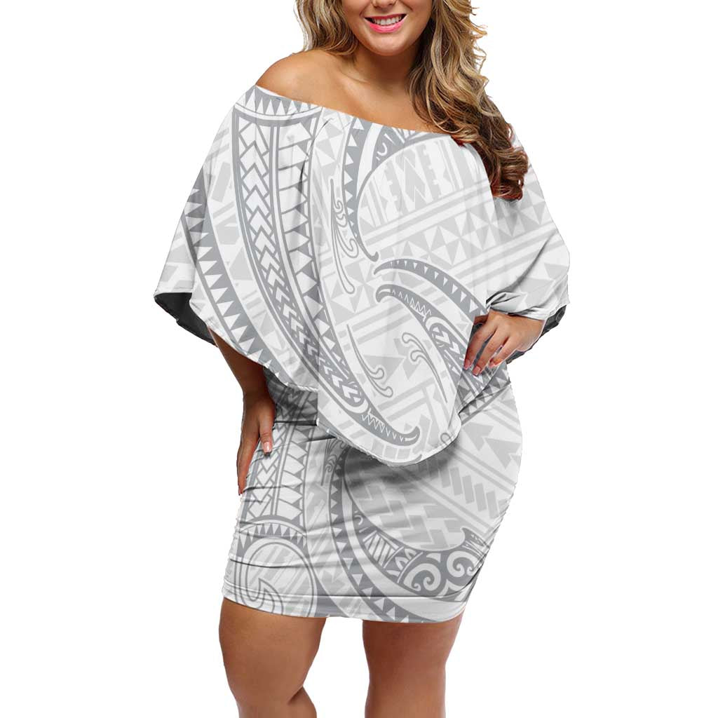 White Sunday Lotu Tamaiti Off Shoulder Short Dress Polynesian Wave Pastel Gray - Polynesian Pride