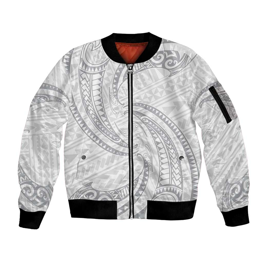 White Sunday Lotu Tamaiti Sleeve Zip Bomber Jacket Polynesian Wave Pastel Gray - Polynesian Pride
