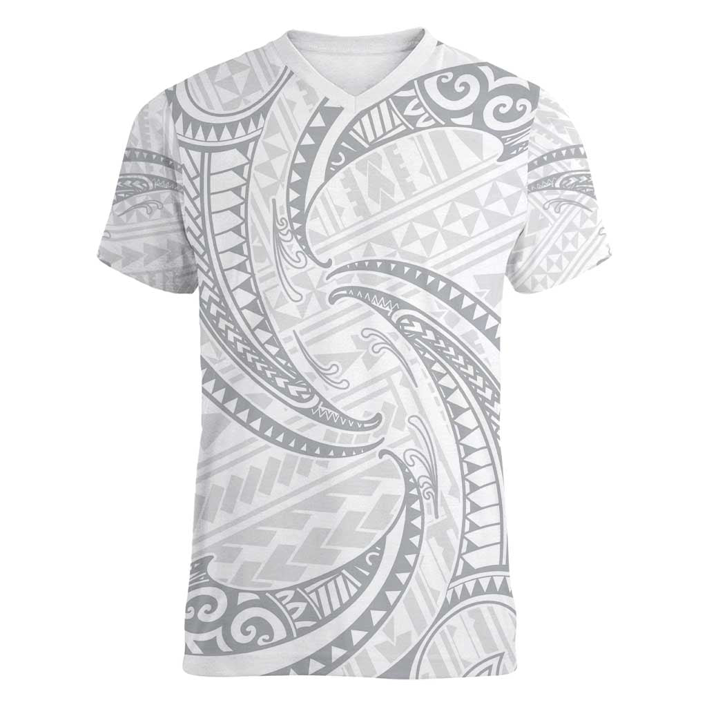 White Sunday Lotu Tamaiti Women V-Neck T-Shirt Polynesian Wave Pastel Gray - Polynesian Pride