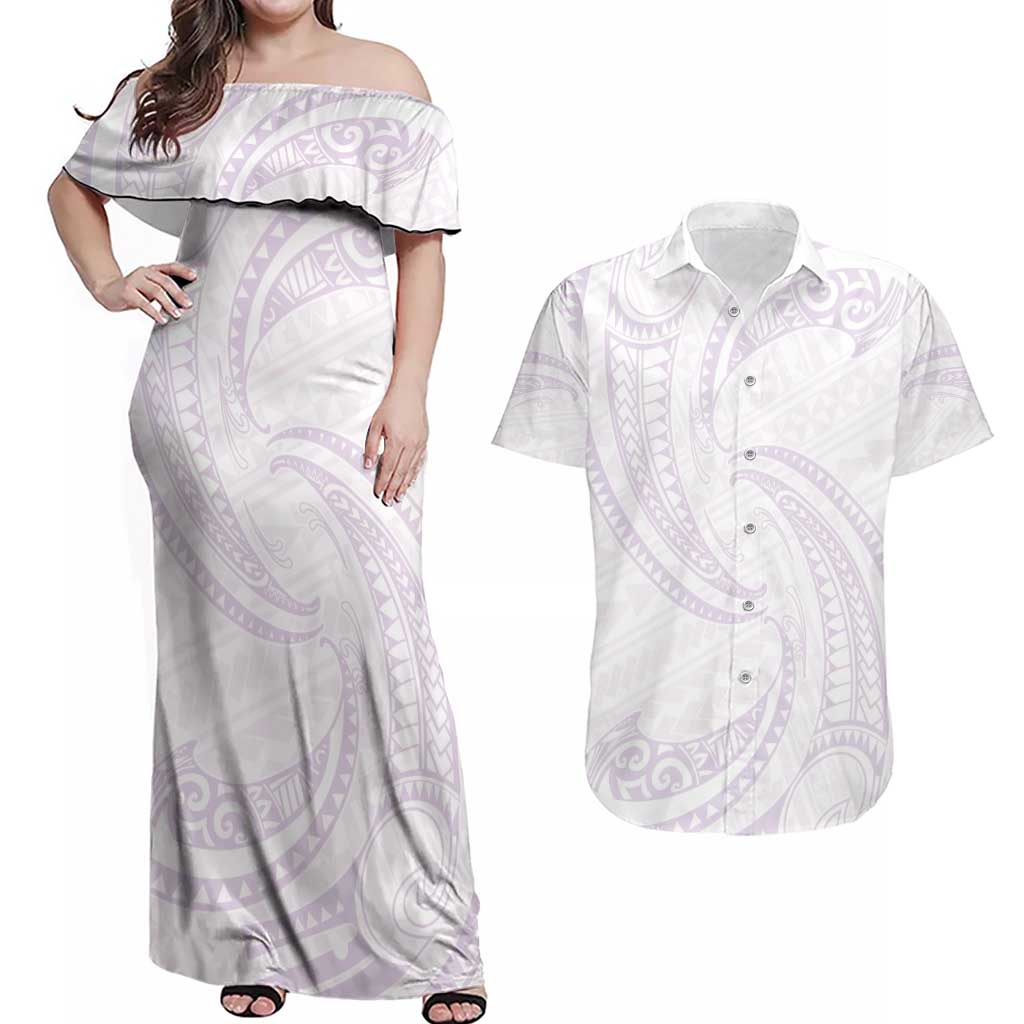 White Sunday Lotu Tamaiti Couples Matching Off Shoulder Maxi Dress and Hawaiian Shirt Polynesian Wave Pastel Mauve - Polynesian Pride