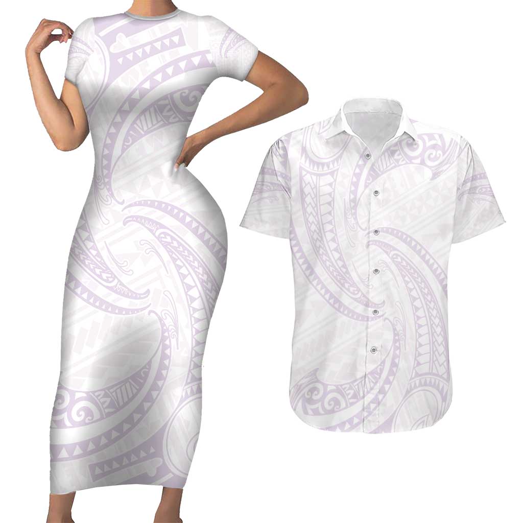 White Sunday Lotu Tamaiti Couples Matching Short Sleeve Bodycon Dress and Hawaiian Shirt Polynesian Wave Pastel Mauve - Polynesian Pride