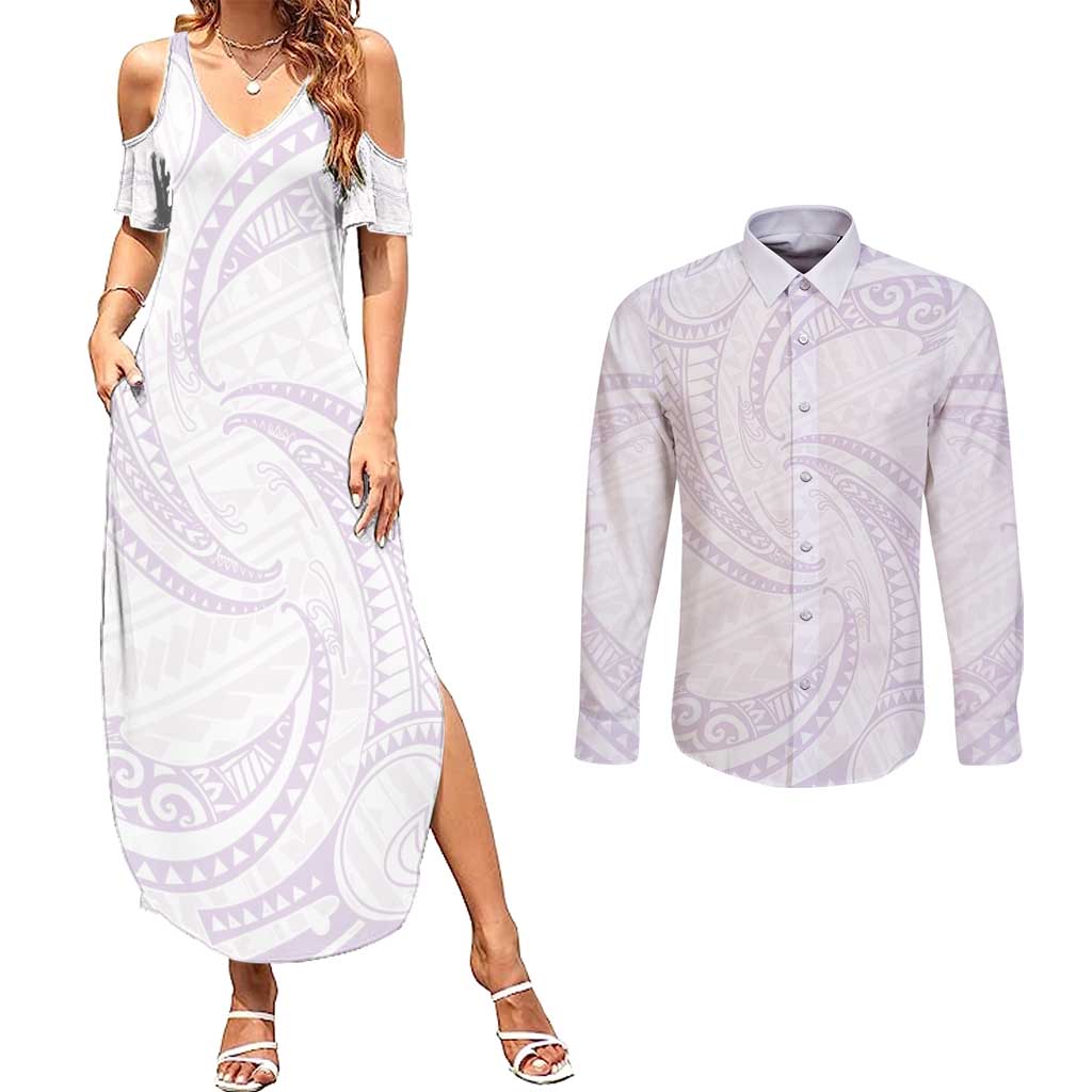 White Sunday Lotu Tamaiti Couples Matching Summer Maxi Dress and Long Sleeve Button Shirt Polynesian Wave Pastel Mauve - Polynesian Pride
