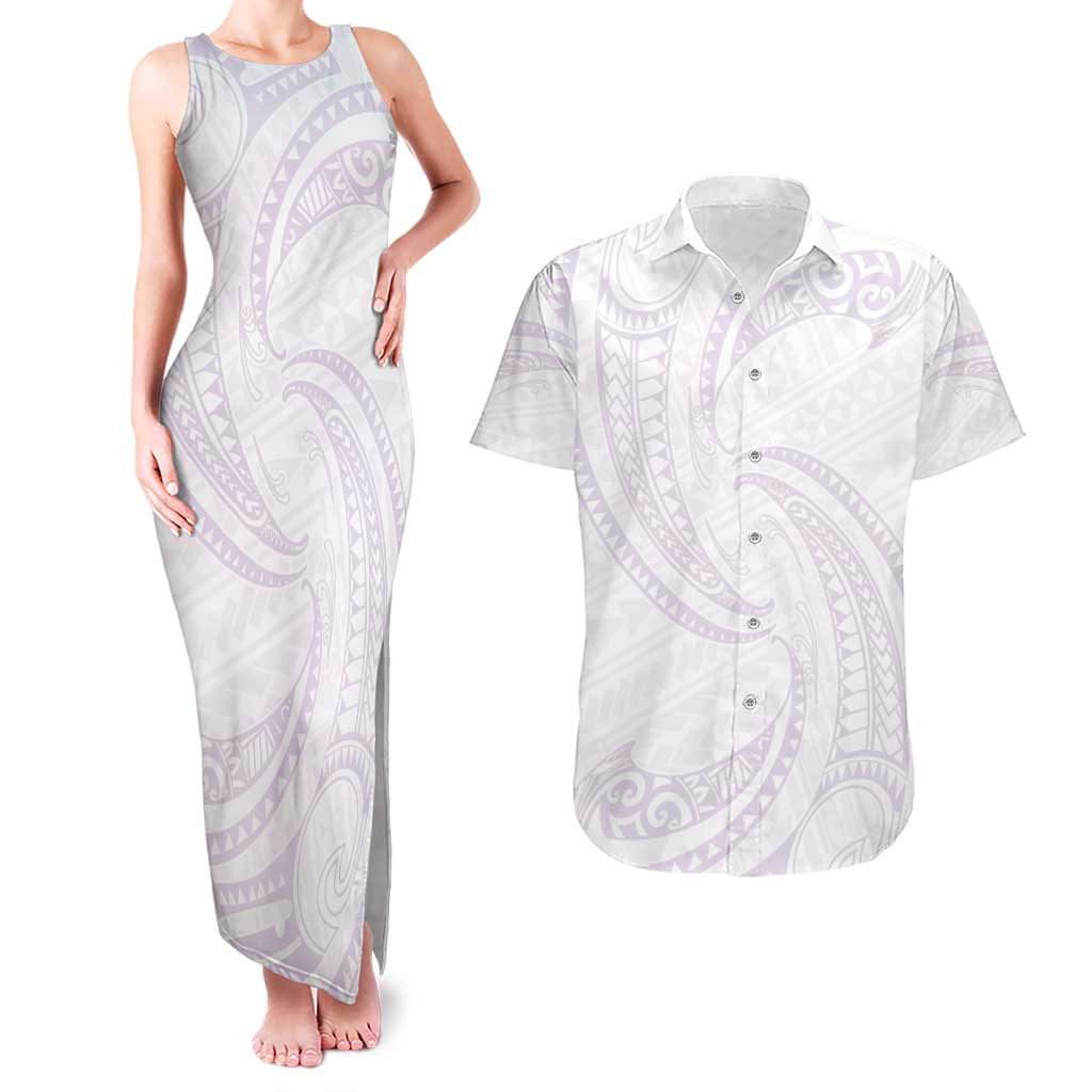 White Sunday Lotu Tamaiti Couples Matching Tank Maxi Dress and Hawaiian Shirt Polynesian Wave Pastel Mauve - Polynesian Pride