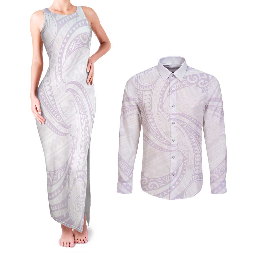 White Sunday Lotu Tamaiti Couples Matching Tank Maxi Dress and Long Sleeve Button Shirt Polynesian Wave Pastel Mauve - Polynesian Pride