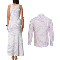 White Sunday Lotu Tamaiti Couples Matching Tank Maxi Dress and Long Sleeve Button Shirt Polynesian Wave Pastel Mauve - Polynesian Pride
