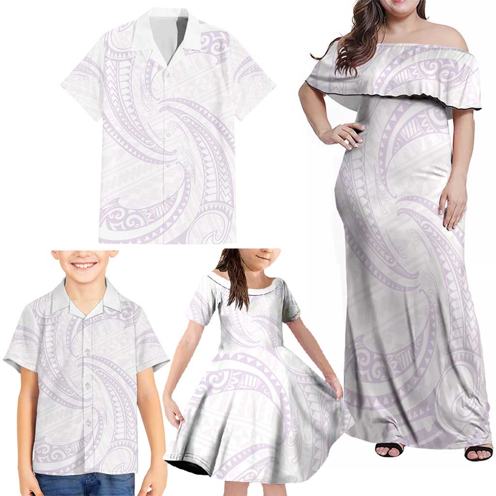 White Sunday Lotu Tamaiti Family Matching Off Shoulder Maxi Dress and Hawaiian Shirt Polynesian Wave Pastel Mauve - Polynesian Pride