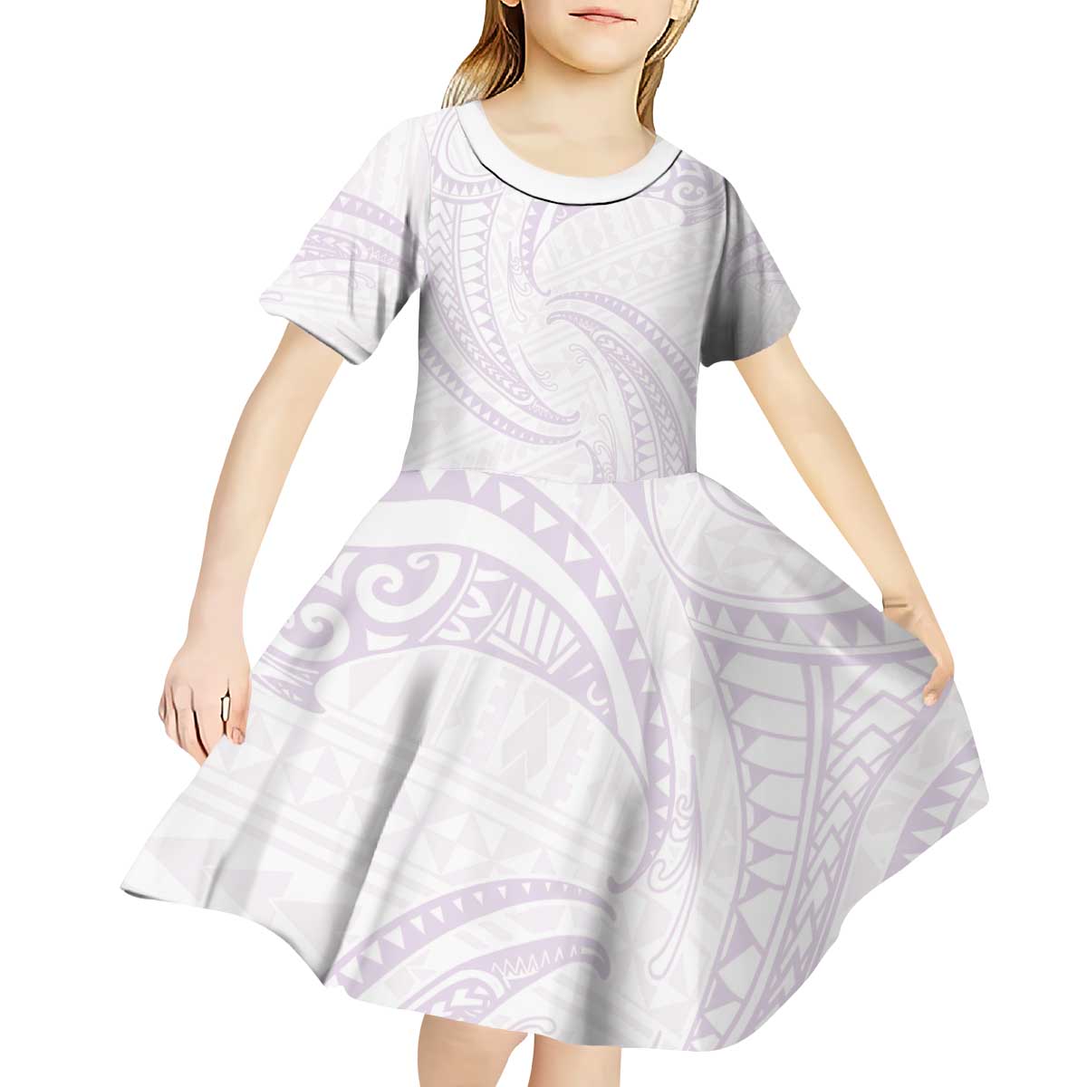 White Sunday Lotu Tamaiti Kid Short Sleeve Dress Polynesian Wave Pastel Mauve LT9 - Polynesian Pride