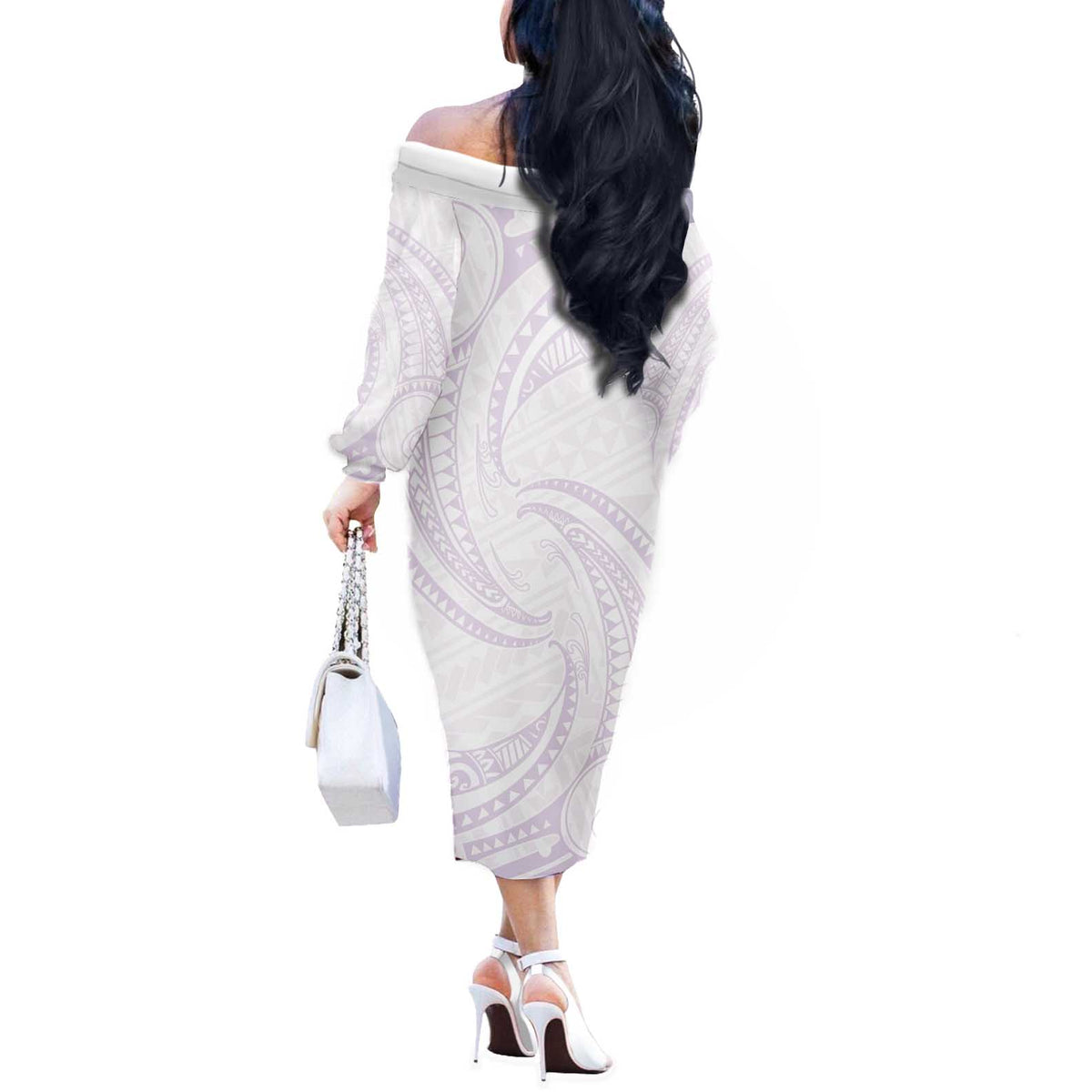 White Sunday Lotu Tamaiti Off The Shoulder Long Sleeve Dress Polynesian Wave Pastel Mauve - Polynesian Pride