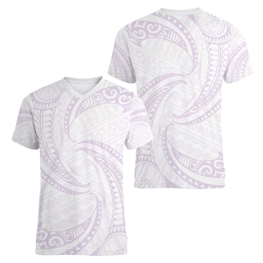White Sunday Lotu Tamaiti Women V-Neck T-Shirt Polynesian Wave Pastel Mauve - Polynesian Pride