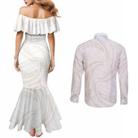 White Sunday Lotu Tamaiti Couples Matching Mermaid Dress and Long Sleeve Button Shirt Polynesian Wave Pastel Nude - Polynesian Pride