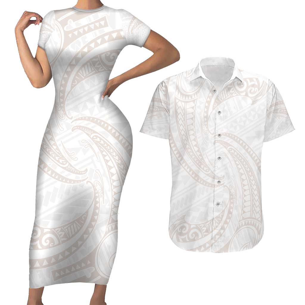 White Sunday Lotu Tamaiti Couples Matching Short Sleeve Bodycon Dress and Hawaiian Shirt Polynesian Wave Pastel Nude - Polynesian Pride