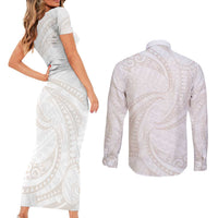 White Sunday Lotu Tamaiti Couples Matching Short Sleeve Bodycon Dress and Long Sleeve Button Shirt Polynesian Wave Pastel Nude - Polynesian Pride