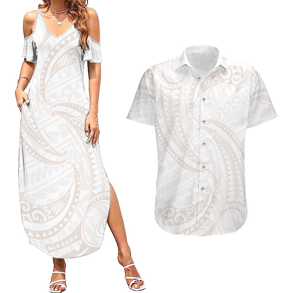 White Sunday Lotu Tamaiti Couples Matching Summer Maxi Dress and Hawaiian Shirt Polynesian Wave Pastel Nude - Polynesian Pride