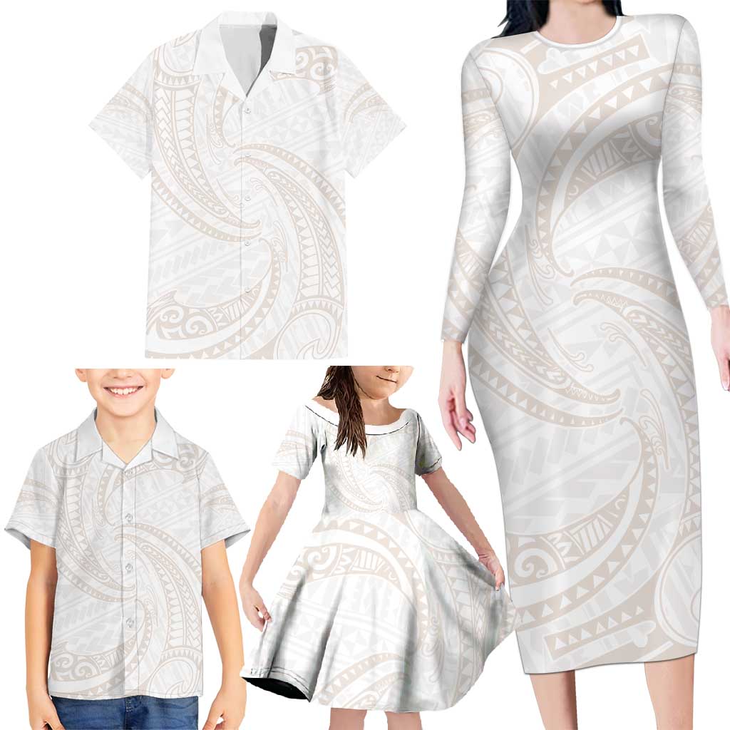 White Sunday Lotu Tamaiti Family Matching Long Sleeve Bodycon Dress and Hawaiian Shirt Polynesian Wave Pastel Nude - Polynesian Pride