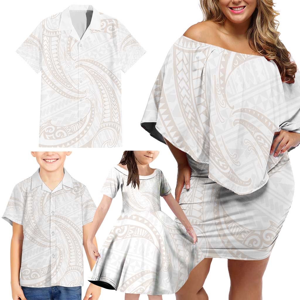 White Sunday Lotu Tamaiti Family Matching Off Shoulder Short Dress and Hawaiian Shirt Polynesian Wave Pastel Nude - Polynesian Pride