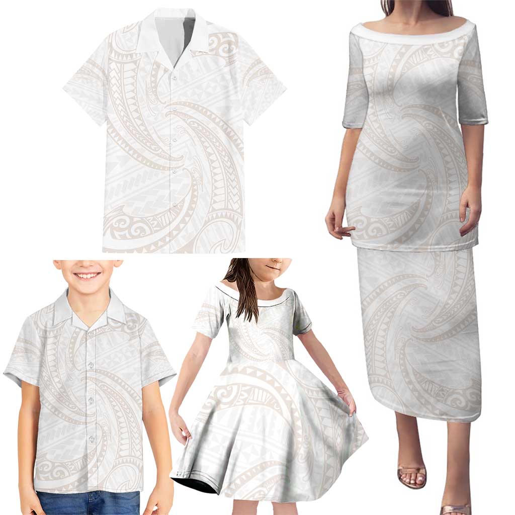White Sunday Lotu Tamaiti Family Matching Puletasi and Hawaiian Shirt Polynesian Wave Pastel Nude - Polynesian Pride