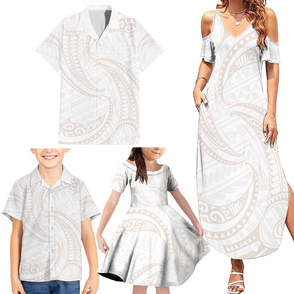White Sunday Lotu Tamaiti Family Matching Summer Maxi Dress and Hawaiian Shirt Polynesian Wave Pastel Nude - Polynesian Pride