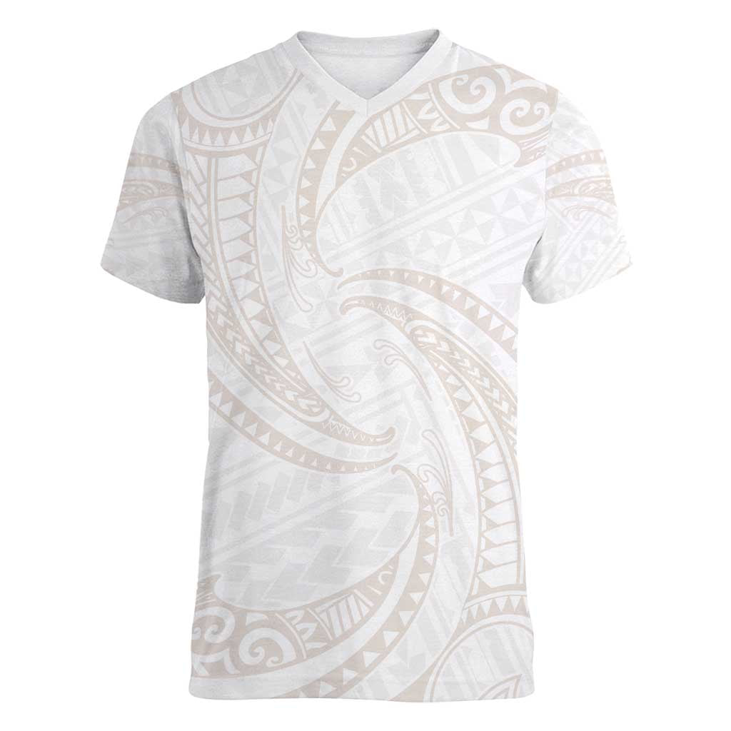 White Sunday Lotu Tamaiti Women V-Neck T-Shirt Polynesian Wave Pastel Nude - Polynesian Pride