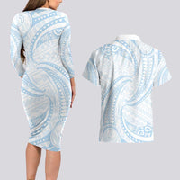 White Sunday Lotu Tamaiti Couples Matching Long Sleeve Bodycon Dress and Hawaiian Shirt Polynesian Wave Pastel Sky Blue - Polynesian Pride