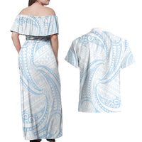 White Sunday Lotu Tamaiti Couples Matching Off Shoulder Maxi Dress and Hawaiian Shirt Polynesian Wave Pastel Sky Blue - Polynesian Pride