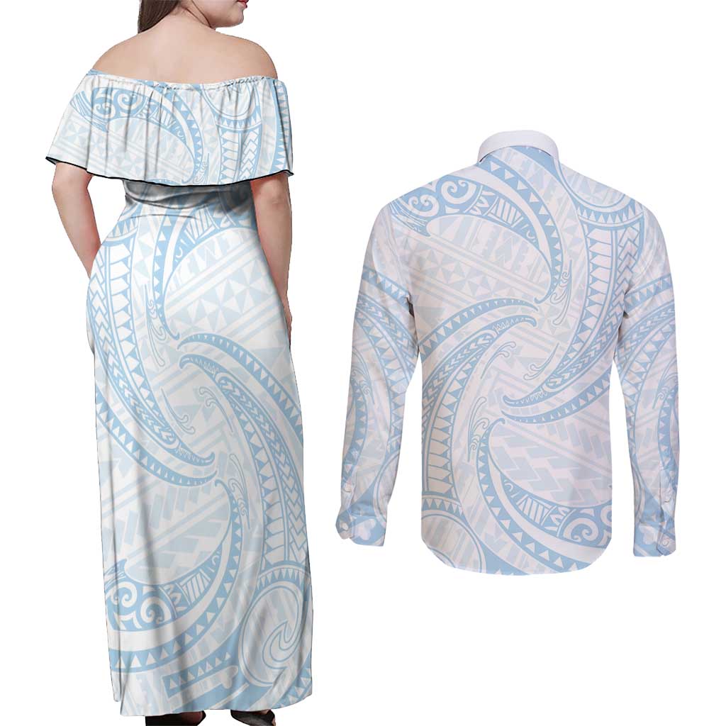 White Sunday Lotu Tamaiti Couples Matching Off Shoulder Maxi Dress and Long Sleeve Button Shirt Polynesian Wave Pastel Sky Blue LT9 - Polynesian Pride
