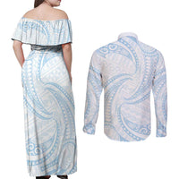 White Sunday Lotu Tamaiti Couples Matching Off Shoulder Maxi Dress and Long Sleeve Button Shirt Polynesian Wave Pastel Sky Blue LT9 - Polynesian Pride