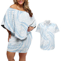 White Sunday Lotu Tamaiti Couples Matching Off Shoulder Short Dress and Hawaiian Shirt Polynesian Wave Pastel Sky Blue - Polynesian Pride