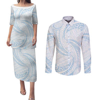 White Sunday Lotu Tamaiti Couples Matching Puletasi and Long Sleeve Button Shirt Polynesian Wave Pastel Sky Blue LT9 Blue - Polynesian Pride