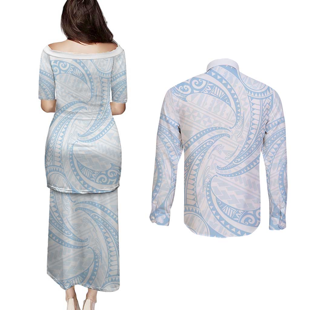 White Sunday Lotu Tamaiti Couples Matching Puletasi and Long Sleeve Button Shirt Polynesian Wave Pastel Sky Blue LT9 - Polynesian Pride