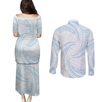 White Sunday Lotu Tamaiti Couples Matching Puletasi and Long Sleeve Button Shirt Polynesian Wave Pastel Sky Blue LT9 - Polynesian Pride