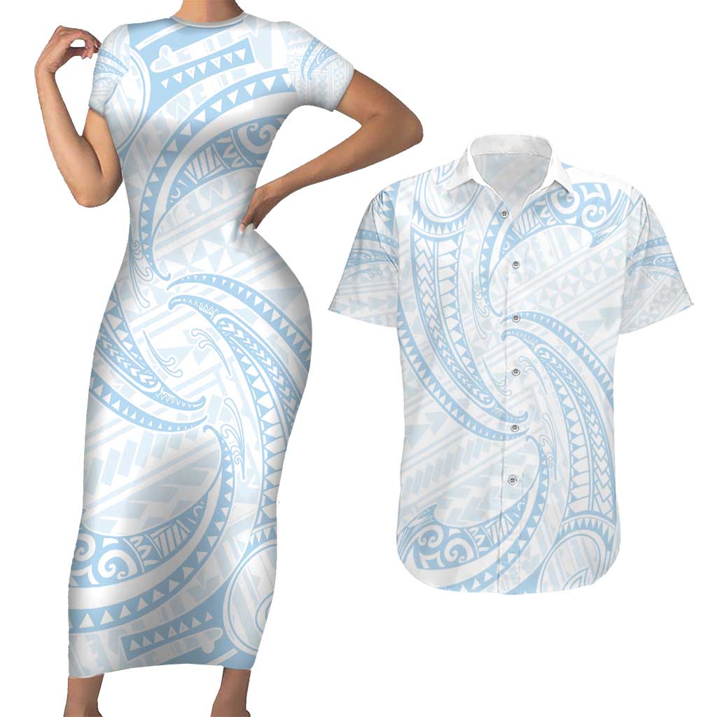 White Sunday Lotu Tamaiti Couples Matching Short Sleeve Bodycon Dress and Hawaiian Shirt Polynesian Wave Pastel Sky Blue - Polynesian Pride