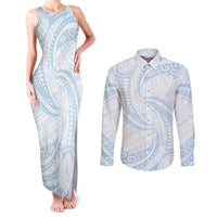 White Sunday Lotu Tamaiti Couples Matching Tank Maxi Dress and Long Sleeve Button Shirt Polynesian Wave Pastel Sky Blue - Polynesian Pride