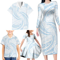 White Sunday Lotu Tamaiti Family Matching Long Sleeve Bodycon Dress and Hawaiian Shirt Polynesian Wave Pastel Sky Blue - Polynesian Pride