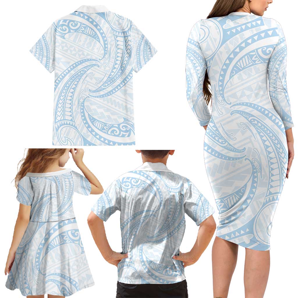 White Sunday Lotu Tamaiti Family Matching Long Sleeve Bodycon Dress and Hawaiian Shirt Polynesian Wave Pastel Sky Blue - Polynesian Pride